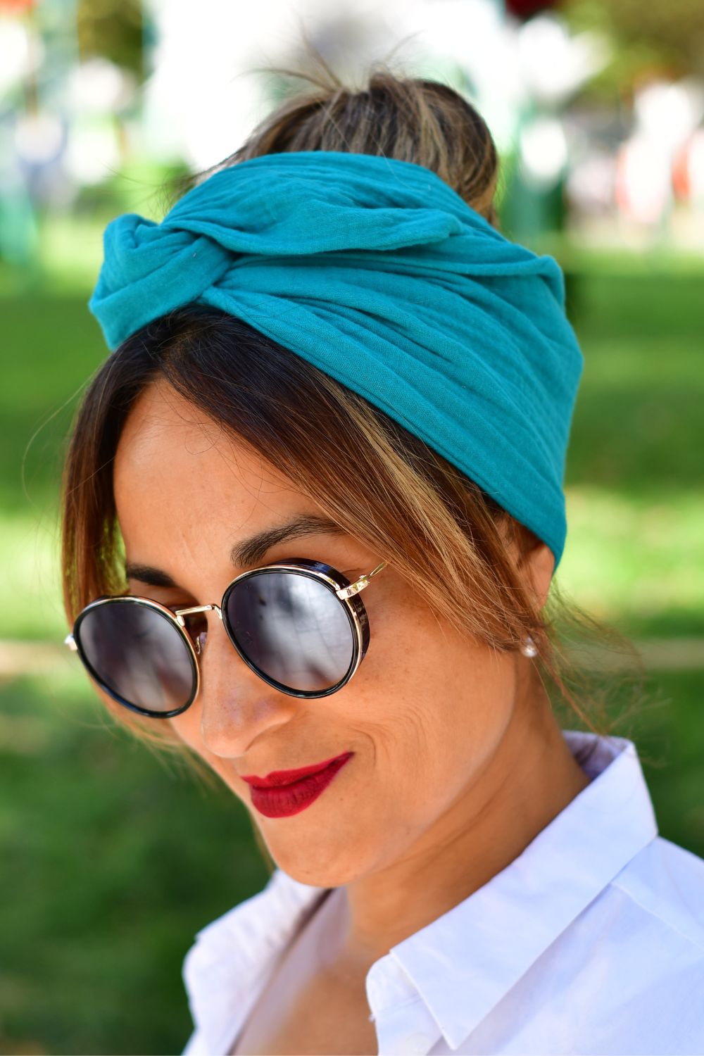 Turban-Julia-Gaze de Coton Turquoise-NDJ Occitanie